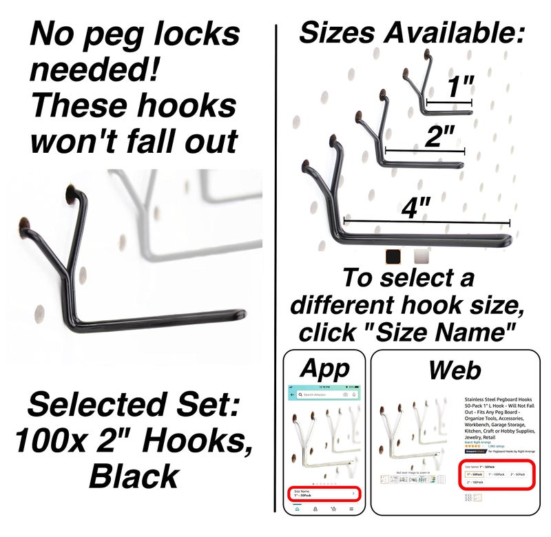 Right Arrange Steel Pegboard Hooks 100-Pack 2" L Hook, Black - Will Not Fall Out, Fits Any Peg Board - Organize Tools, Accessories, Workbench, Garage Storage, Kitchen, Crafts, Jewelry, Retail - Image 2